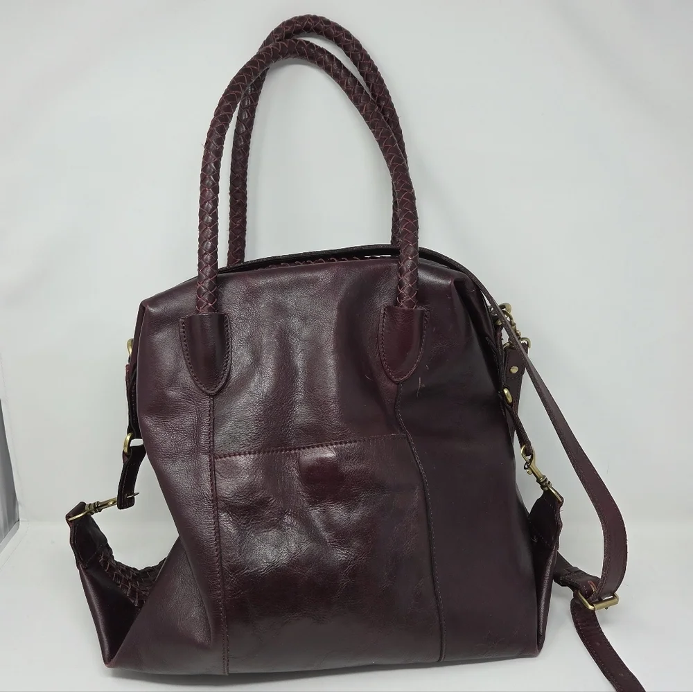 Patricia Nash Paloma Burgundy Patchwork Woven Leather Satchel Detachable Strap